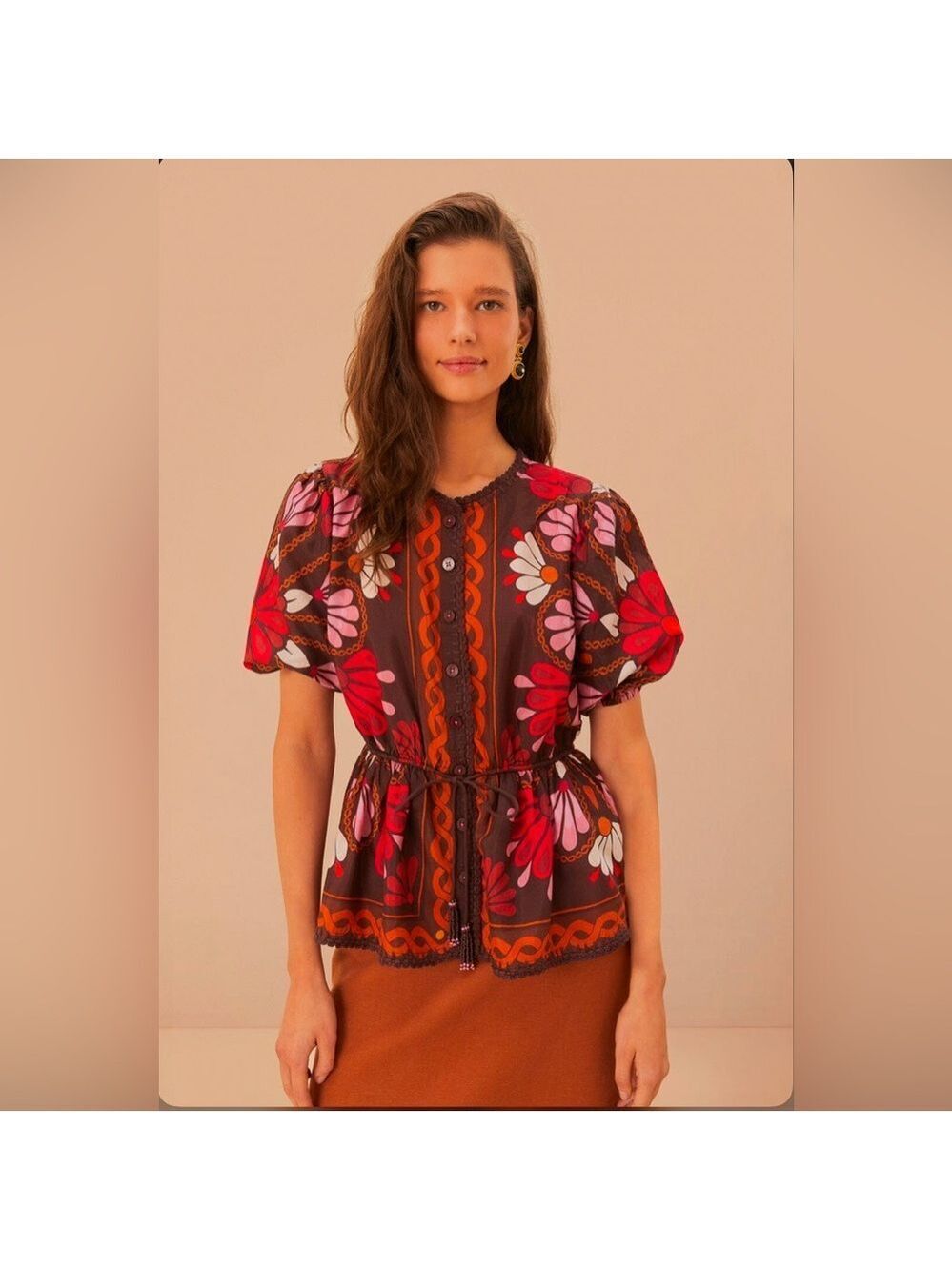 Farm Rio Miranda Brown Short Sleeve Blouse